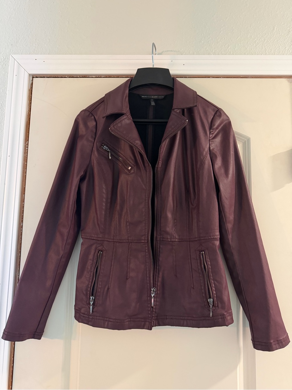 Women’s coated denim Moto Jacket - Burgundy